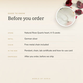 Rose Quartz Heart Pendant – good to know before you order: what is in the box, energised after order