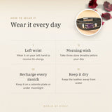 How to wear your Amethyst Leather Bracelet – left wrist, morning wish, recharge on selenite or moonlight