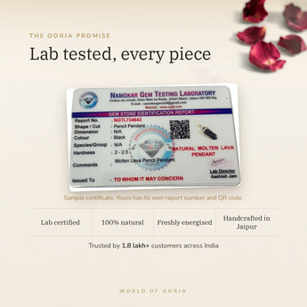 Molten Lava Pencil Pendant lab certificate with QR code – The Oorja promise