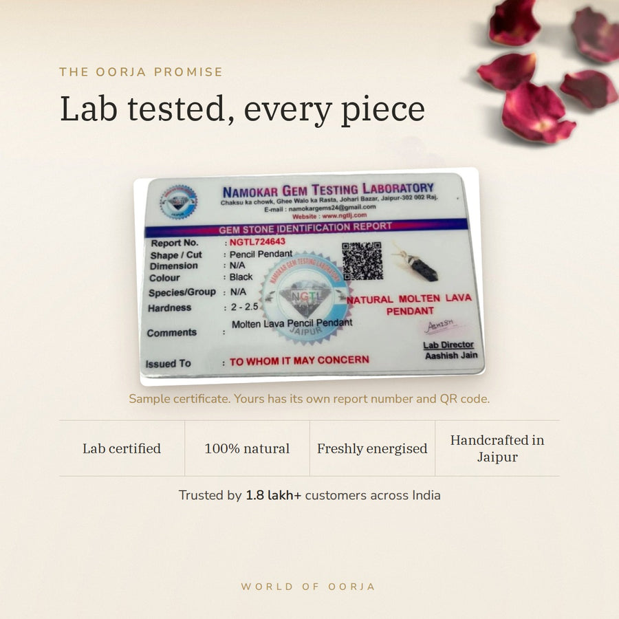 Molten Lava Pencil Pendant lab certificate – World of Oorja