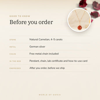 Carnelian Pendant Mini – good to know before you order: what is in the box, energised after order