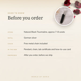 Black Tourmaline Pencil Pendant – good to know before you order: what is in the box, energised after order