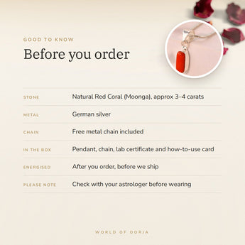 Red Coral (Moonga) Pendant – good to know before you order: what is in the box, energised after order