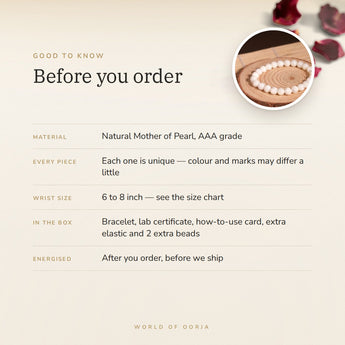 Mother of Pearl Bracelet – before you order: size, what is in the box, energised after order