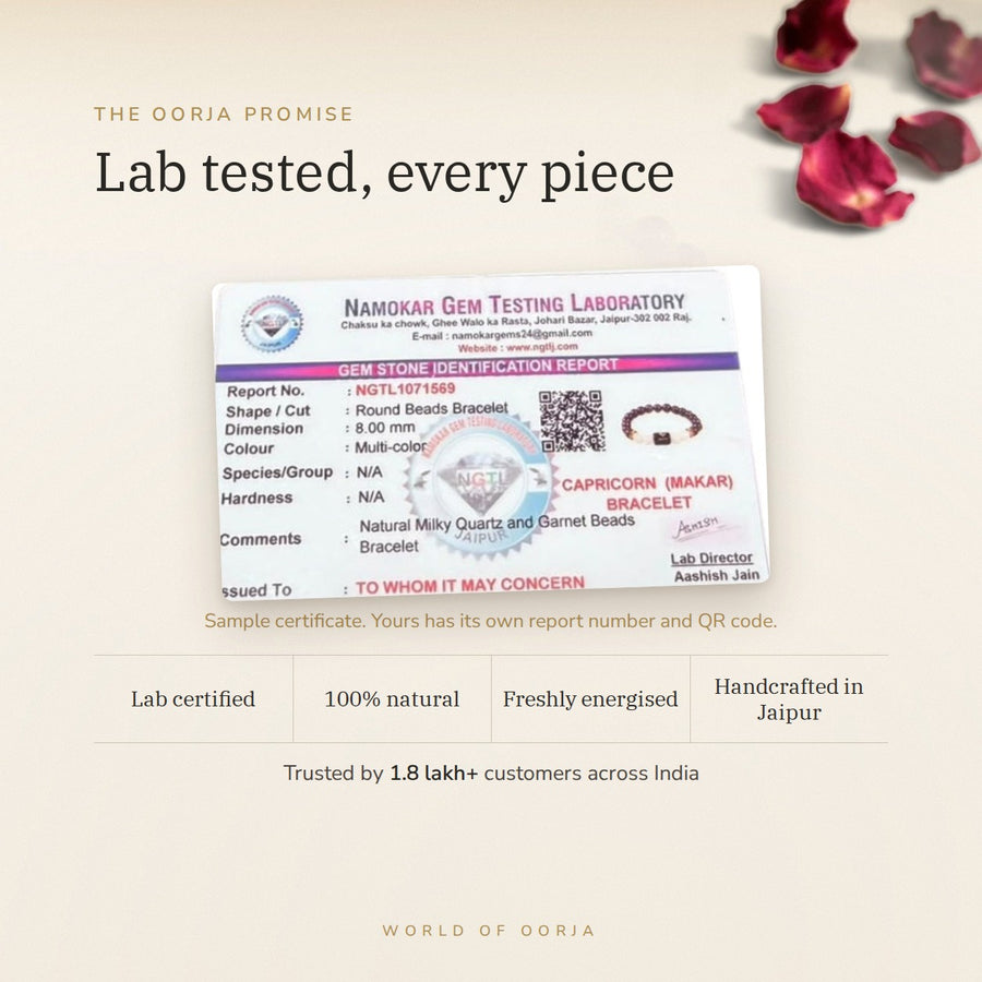 Capricorn (मकर राशि) Zodiac Bracelet – Garnet & Milky Quartz lab certificate – World of Oorja