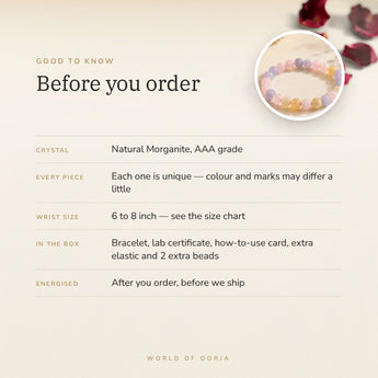 Morganite bracelet – before you order: size, what is in the box, energised after order