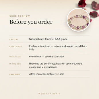 Multi-Fluorite bracelet – before you order: size, what is in the box, energised after order
