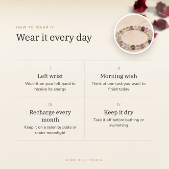 How to wear your Multi-Fluorite bracelet – left wrist, morning wish, recharge on selenite or moonlight