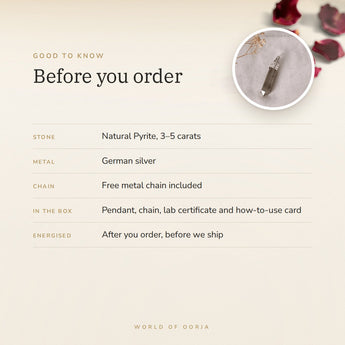 Pyrite Pencil Pendant – good to know before you order: what is in the box, energised after order