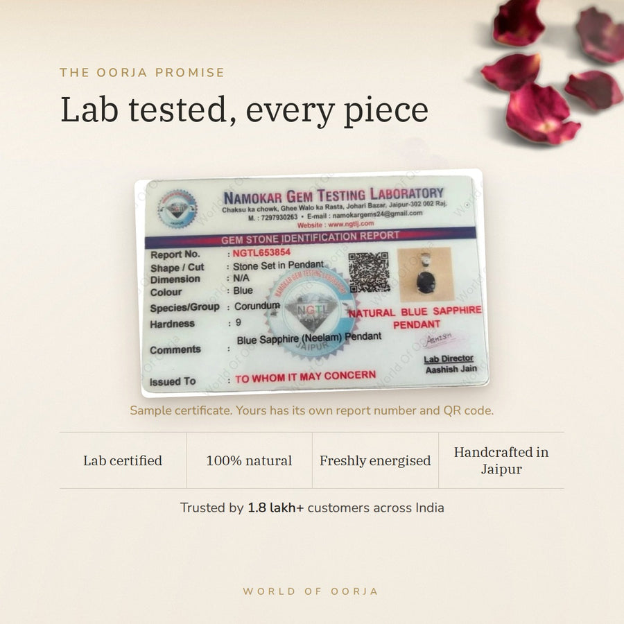Blue Sapphire (neelam) Pendant – Discipline & Focus lab certificate – World of Oorja