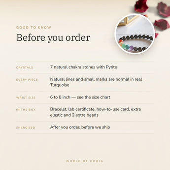 7 Chakra with Pyrite Bracelet – before you order: size, what is in the box, energised after order