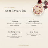 How to wear your Love & Stress Relief Bracelet – left wrist, morning wish, recharge on selenite or moonlight