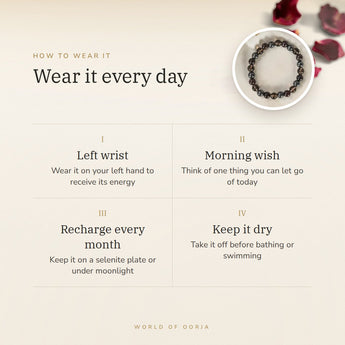 How to wear your Mulank 8 Bracelet – left wrist, morning wish, recharge on selenite or moonlight
