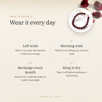 How to wear your Ruby Silver Bracelet (Manik) – left wrist, morning wish, recharge on selenite or moonlight