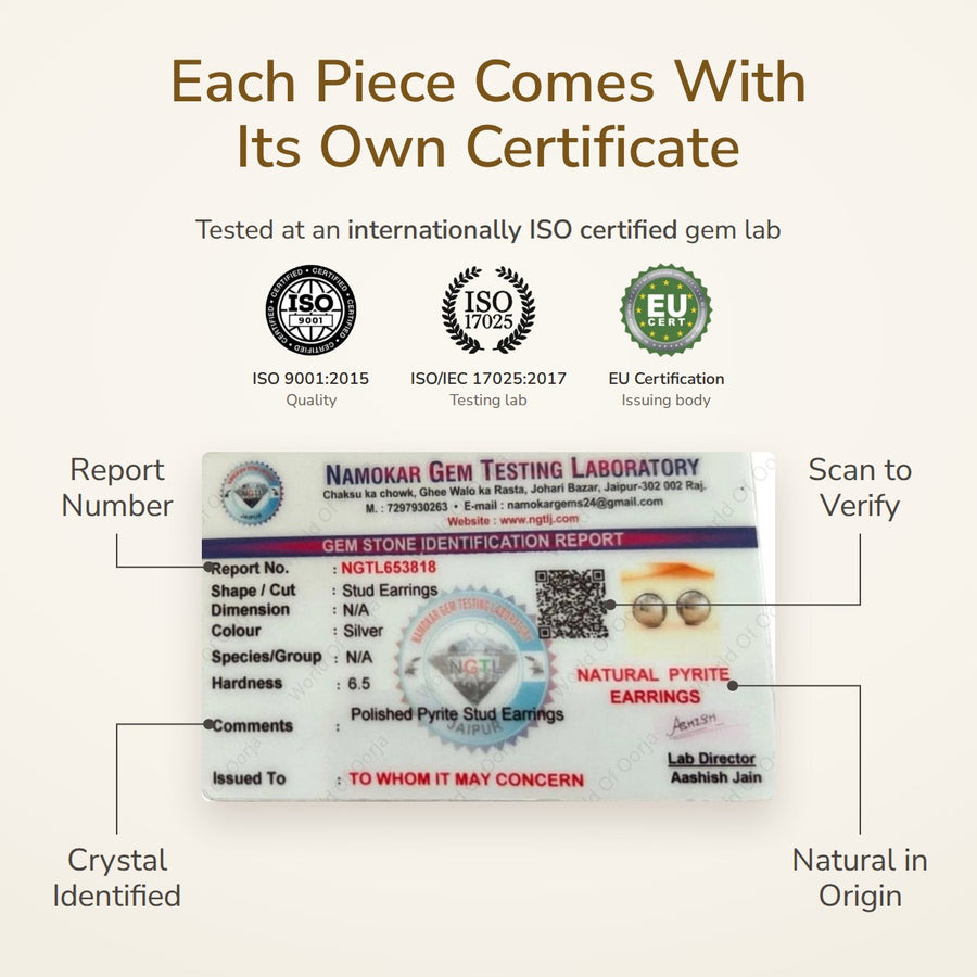 Polished Pyrite Studs – Wealth & Confidence lab certificate – World of Oorja