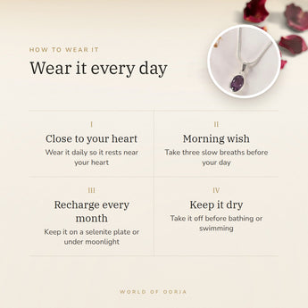How to wear your Amethyst Pendant – daily wear, morning wish, recharge on selenite or moonlight