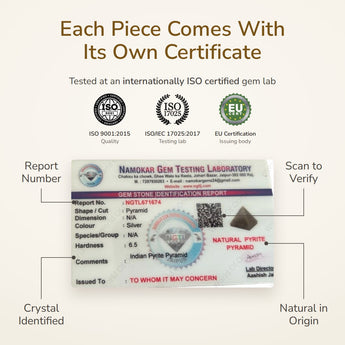 Pyrite Pyramid (Indian Origin) lab certificate – tested at an ISO certified gem lab