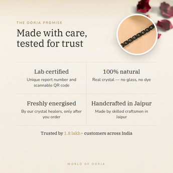The Oorja promise – Black Metal Raw Pyrite Bracelet, lab certified and energised after you order