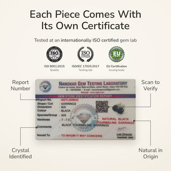 Raw Black Tourmaline Studs lab certificate – tested at an ISO certified gem lab