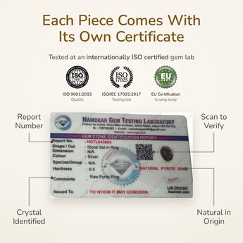 Raw Pyrite Ring lab certificate – tested at an ISO certified gem lab