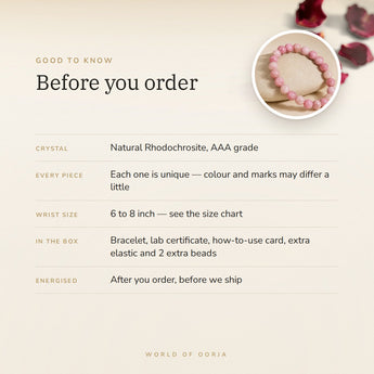 Rhodochrosite bracelet – before you order: size, what is in the box, energised after order