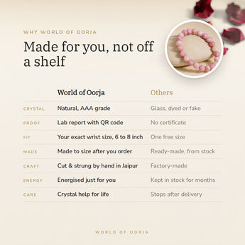 Why World of Oorja – Rhodochrosite bracelet made to your wrist size, cut and strung by hand in Jaipur