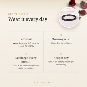 How to wear your Om Kada Bracelet – left wrist, morning wish, recharge on selenite or moonlight