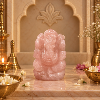 Rose Quartz Ganesh Ji murti in pale blush pink on a marble altar with brass diya