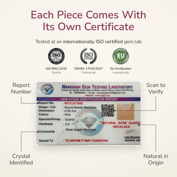 Rose Quartz Necklace lab certificate – tested at an ISO certified gem lab