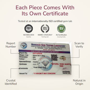 Rose Quartz Ring lab certificate – tested at an ISO certified gem lab