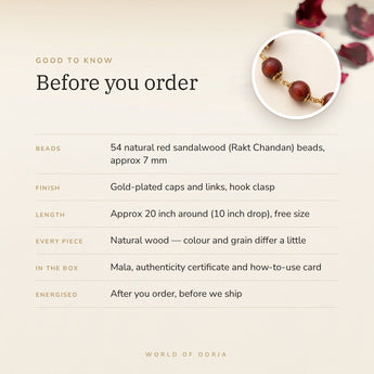 Red Sandalwood Mala – good to know before you order: what is in the box, energised after order