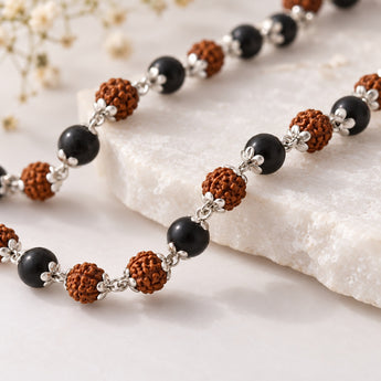 Close-up of Rudraksha and Karungali beads with silver-plated caps