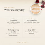 How to wear your Clear Quartz Cylinder Bracelet – left wrist, morning wish, recharge on selenite or moonlight