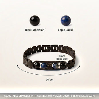Sagittarius bracelet crystals and size – 8mm beads, adjustable black metal band