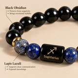 Close-up of Sagittarius zodiac bracelet showing Black Obsidian and Lapis Lazuli crystals and their benefits
