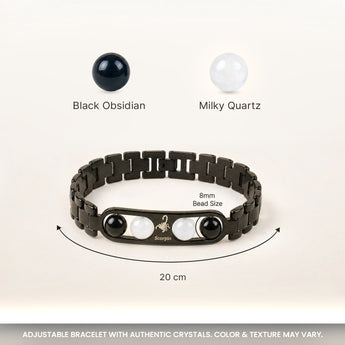 Scorpio bracelet crystals and size – 8mm beads, adjustable black metal band