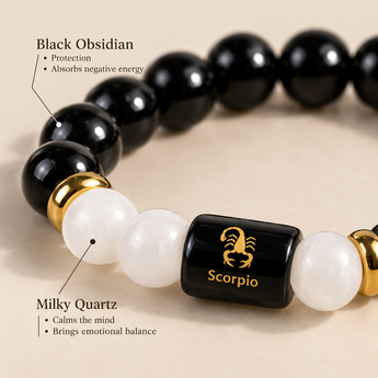 Close-up of Scorpio zodiac bracelet showing Black Obsidian and Milky Quartz crystals and their benefits