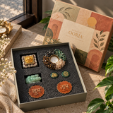 Shubh Labh Prosperity Gift Box by World of Oorja – Shubh Labh, green aventurine Ganesha, Lakshmi jade coins, Laxmi pyramid and Dhan Yog tea light