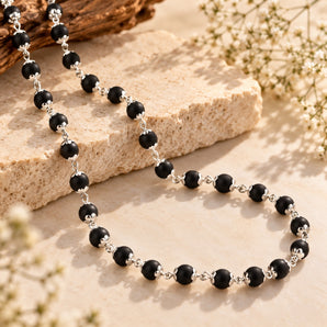 Silver Plated Karungali Mala – natural ebony wood beads with silver-plated caps