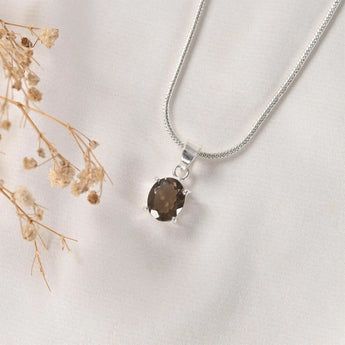 Prong-set Smoky Quartz pendant – faceted smoky quartz held in four silver prongs on a fine chain, World of Oorja