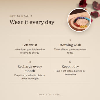 How to wear your 7 Chakra Bracelet – left wrist, morning wish, recharge on selenite or moonlight