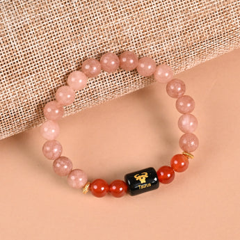 Taurus zodiac bracelet in Sunstone and Carnelian with engraved black onyx Taurus bead