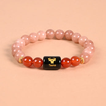 Taurus zodiac bracelet Sunstone and Carnelian, engraved Taurus name bead
