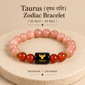 Taurus zodiac rashi bracelet in Sunstone and Carnelian with engraved Taurus onyx bead