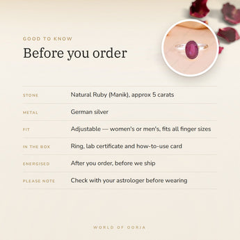 Ruby (Manik) Ring – good to know before you order: what is in the box, energised after order