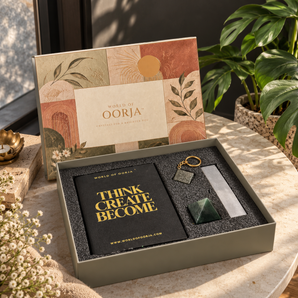 Think Create Become Desk Gift Box by World of Oorja – journal, Dhan Yog crystal pen, pyrite keychain and jade pyramid
