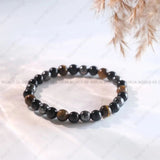 Triple Protection bracelet close-up showing Black Obsidian Tiger Eye and Hematite beads - certified