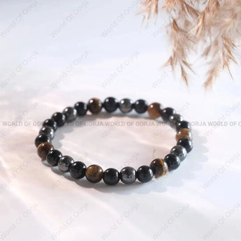 Triple Protection bracelet close-up showing Black Obsidian Tiger Eye and Hematite beads - certified