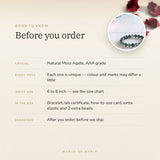 Moss Agate Bracelet – before you order: size, what is in the box, energised after order