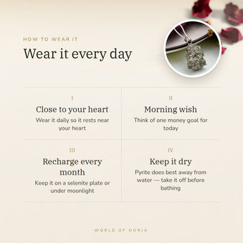 How to wear your Raw Pyrite Pendant – daily wear, morning wish, recharge on selenite or moonlight